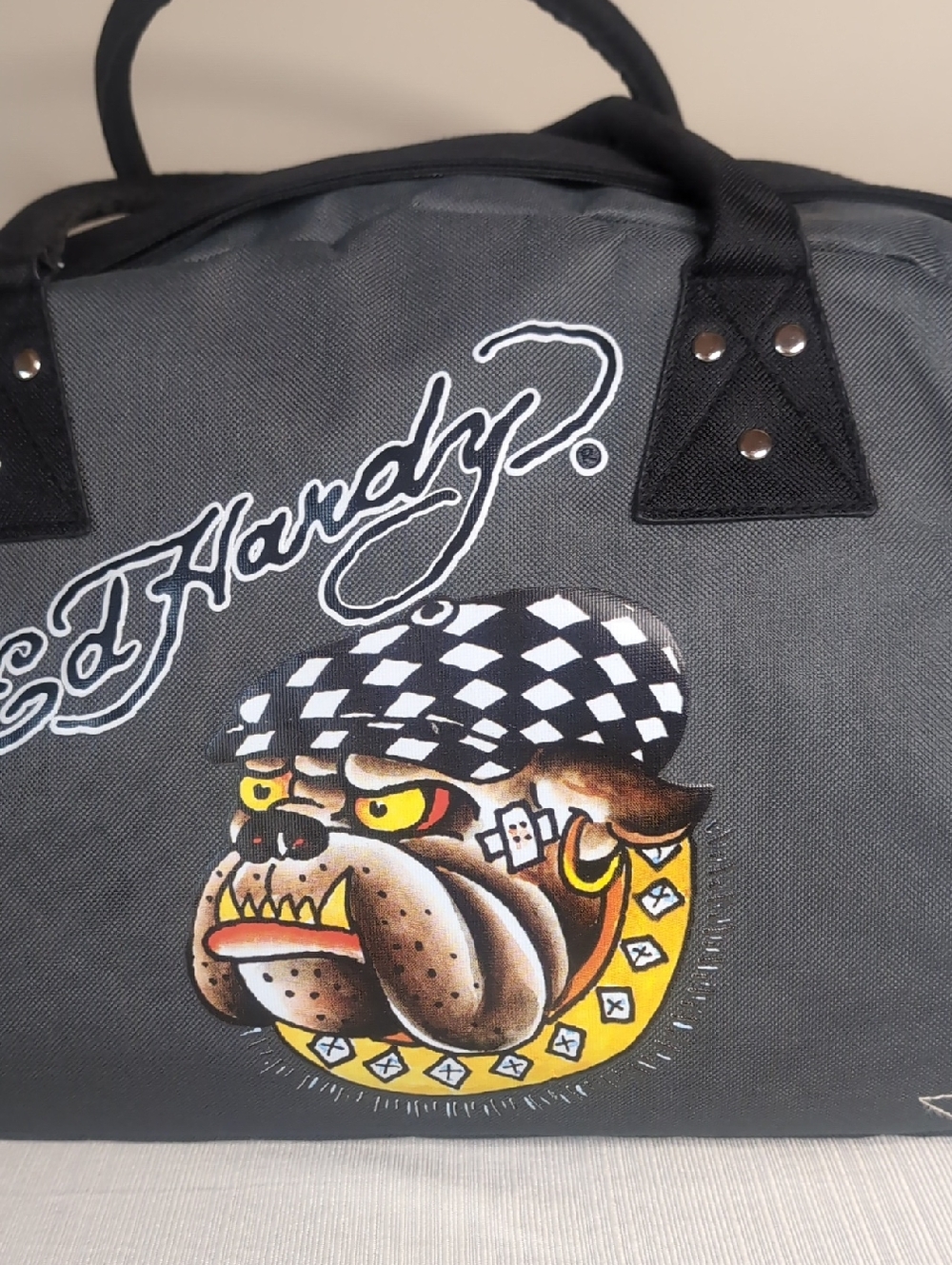 Y2K Ed Hardy Gray Duffel Bag with Bulldog Graphic by Christian Audigier - Picture 2 of 7